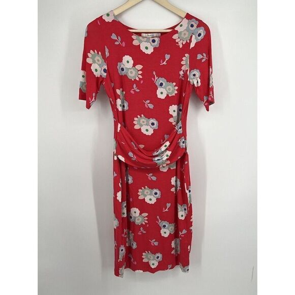 Boden Red Jersey Lined Floral Pencil Dress Short Sleeve Faux Wrap Size 6 - Picture 1 of 5